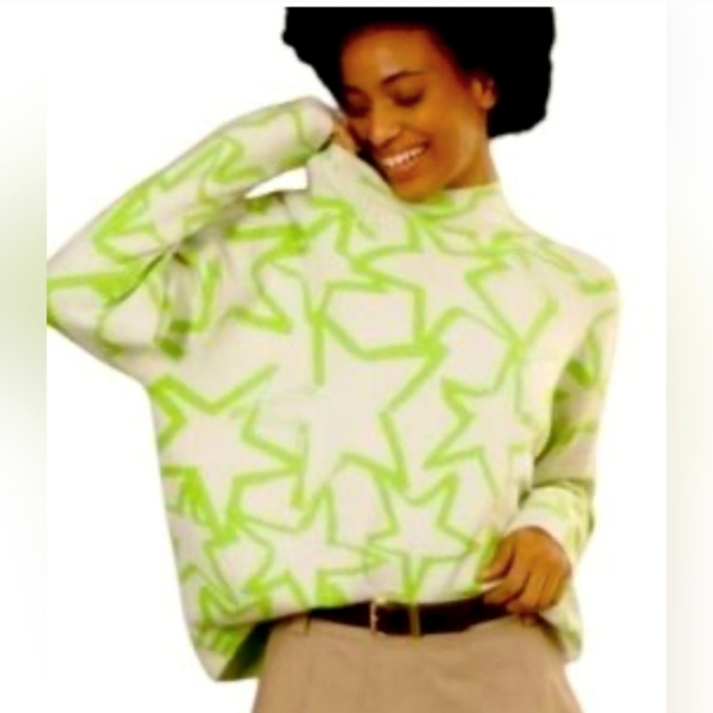 Maeve White & Lime Green Star-Print Turtleneck Sweater